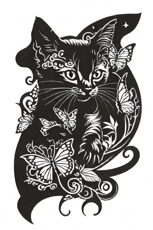 kitten playing with a butterfly flying around  the tree of life  tattoo design idea