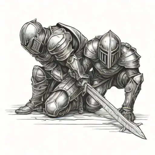 warrior knight with sword on his back kneeling and helping a crying man up from the ground tattoo design idea