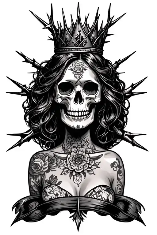 skull with woman body and thorn crown tattoo design idea
