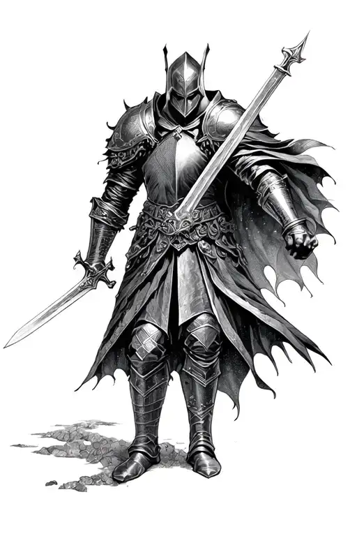 dark fantasy knight holding a sword tattoo design idea