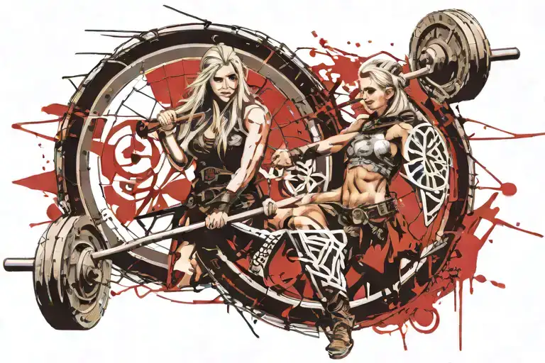 shield maiden turned to the side holding a barbell with Norse symbols representing power and strength incorporated  tattoo design idea