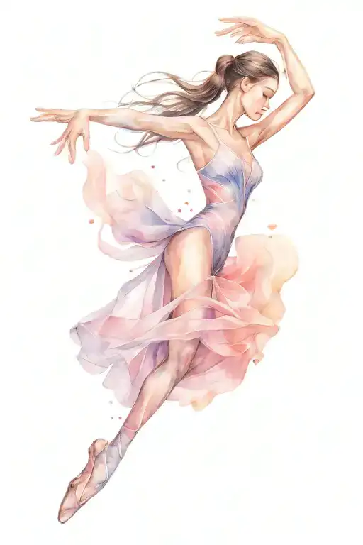 A tattoo of a ballerina or dancer in an elongated, dynamic pose extending from the ribcage down the side of the torso. T tattoo design idea