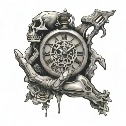 skeleton hand holding roman numeral clock tattoo design idea