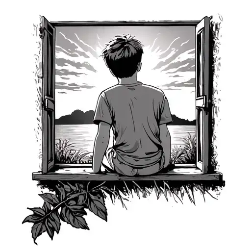 boy sitting out window looking at sunset tattoo design idea