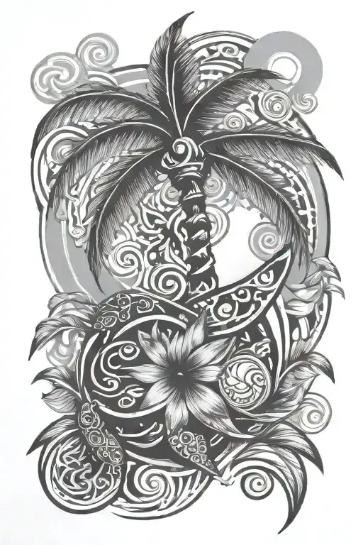 palm tree with puerto rican tribal sun, coqui, spiral, turtle tattoo design idea