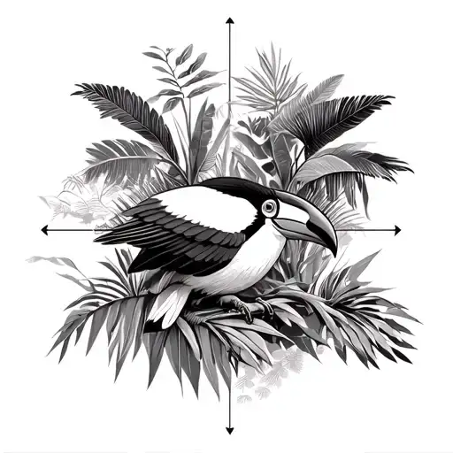 Amazon rainforest, toucan in middle, Ecuador, tropical trees and flow diagram tattoo design idea