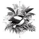Amazon rainforest, toucan in middle, Ecuador, tropical trees and flow diagram tattoo design idea