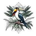 Amazon rainforest, toucan in middle, Ecuador, tropical trees and flow diagram tattoo design idea
