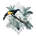 Amazon rainforest, toucan in middle, Ecuador, tropical trees and flow diagram tattoo design idea