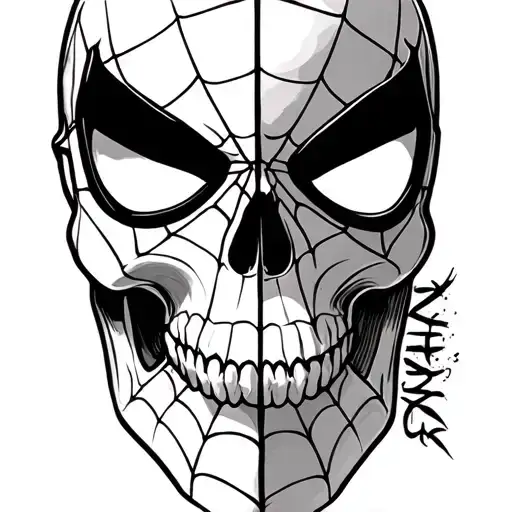 skull wearing half of spiderman mask tattoo design idea