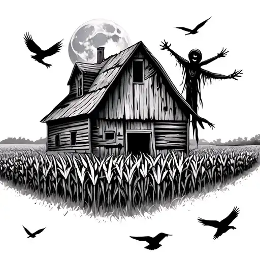 old decrepit barn house in the background with the moon scarecrow main focus in cornfield with crows flying around  tattoo design idea