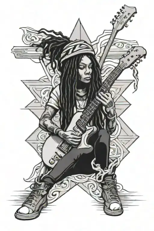 rasta women sitting cross with guitar tattoo design idea