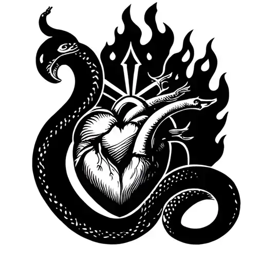 Bâton d'Aclépios with its snake rolled around, symbol of healing. At the top, a sacred heart surrounded by flames tattoo design idea