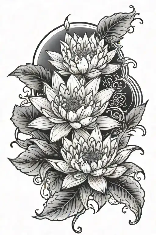 left arm floral skeeve tattoo for men using water lily's, lotus and chrysanthemum  tattoo design idea