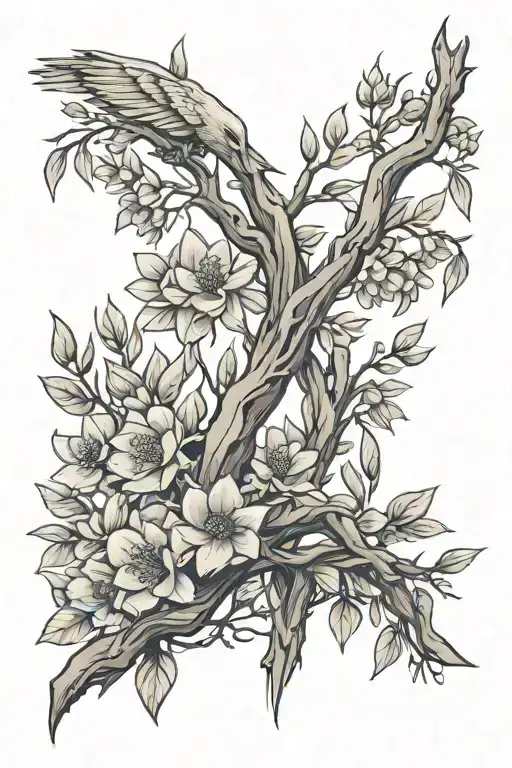 spine tattoo with branches of willow tree and flowers with manatatee  tattoo design idea
