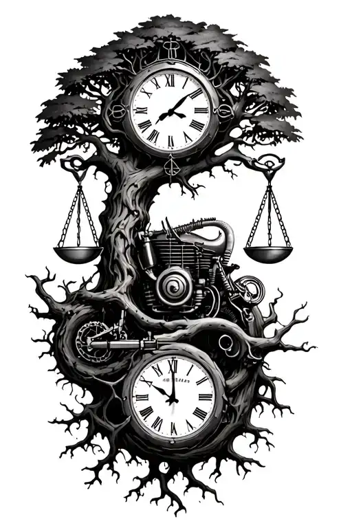 midevil tree of life with roots and wicked looking branches, libra scales, v-twin engine parts and a clock intertwined  tattoo design idea