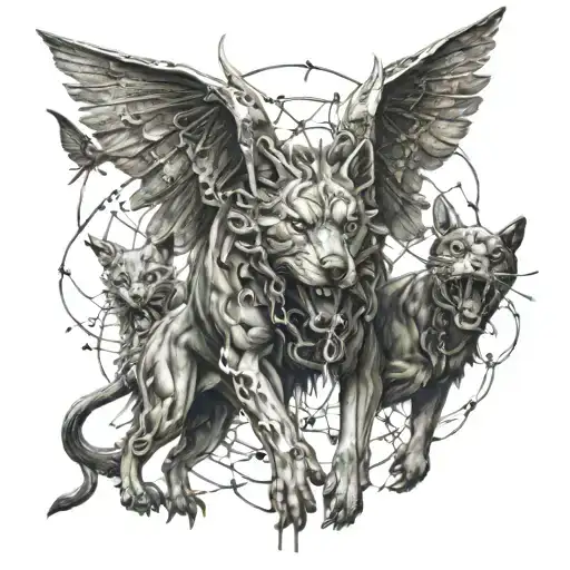 god holding an cerberus with chains with dragonflies flying and lightining bolts all over around  tattoo design idea