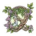 willow tree intertwined with ivy leaves in a field of lilac flowers tattoo design idea
