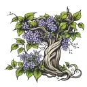 willow tree intertwined with ivy leaves in a field of lilac flowers tattoo design idea