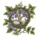 willow tree intertwined with ivy leaves in a field of lilac flowers tattoo design idea