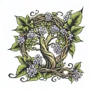 willow tree intertwined with ivy leaves in a field of lilac flowers tattoo design idea