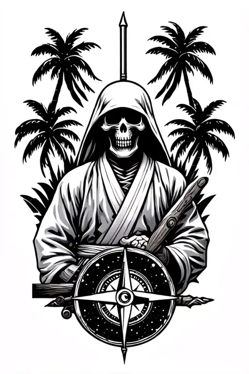 warrior strength, grim reaper, judo gi, compass, palm trees, family, love. peace, universe  tattoo design idea