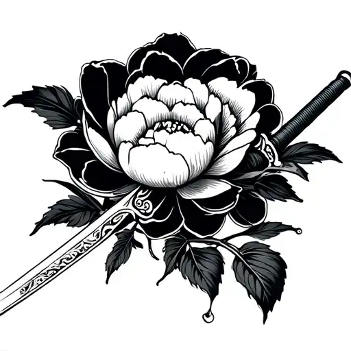 Large Japanese saber that passes through a peony. Light and fine lines tattoo design idea