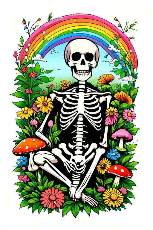 Skeleton gardener surrounded by flowers and mushrooms and rainbow tattoo design idea