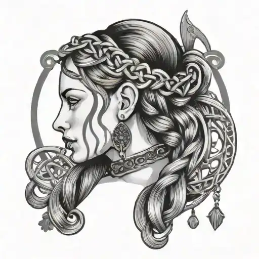 Irish lady head with braids and jewelry and Celtic harp tattoo design idea