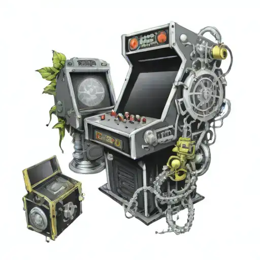 A tattoo of a retro arcade cabinet transformed into a mechanical marvel, with gears and circuitry intertwining with classic video game characters, representing the client's love for gaming and engineering tattoo design idea