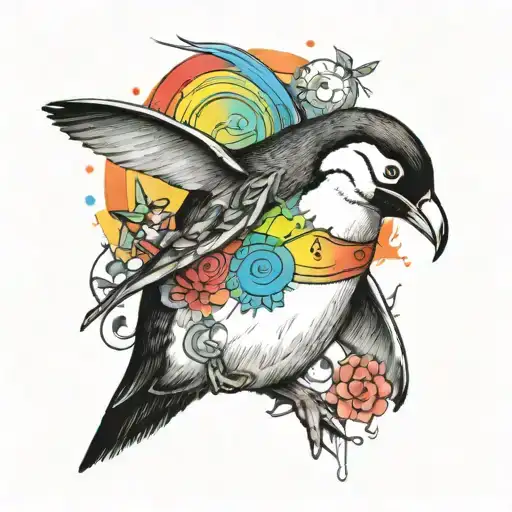 A tattoo design of a rainbow-colored penguin wearing a Taylor Swift cardigan, reflecting your favorite things and unique style tattoo design idea