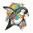 A tattoo design of a rainbow-colored penguin wearing a Taylor Swift cardigan, reflecting your favorite things and unique style tattoo design idea