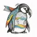 A tattoo design of a rainbow-colored penguin wearing a Taylor Swift cardigan, reflecting your favorite things and unique style tattoo design idea