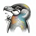 A tattoo design of a rainbow-colored penguin wearing a Taylor Swift cardigan, reflecting your favorite things and unique style tattoo design idea