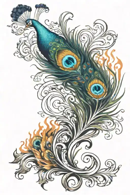 peacock feathers and fire tattoo design idea