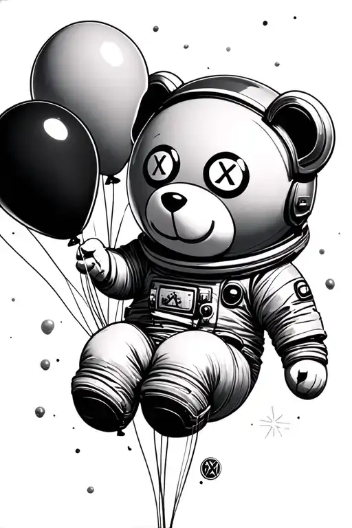 an astronout with a teddy bear face with x and o letters instead of eyes holding onto some ballons floating into space tattoo design idea