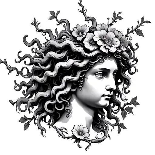 Medusa head stone bust roots and vines for hair with flowers tattoo design idea
