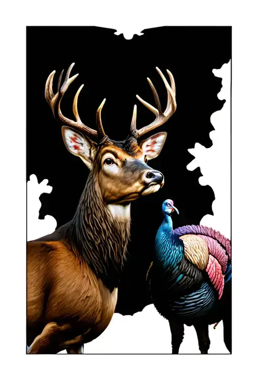 whitetail deer and turkey landscape tattoo design idea