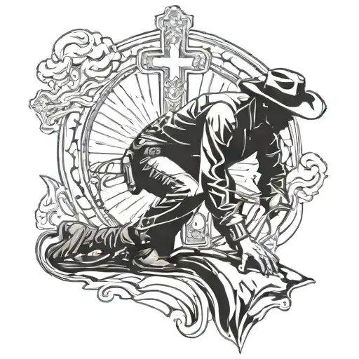 silhouette of a cowboy that is kneeling down next to a cross tattoo design idea