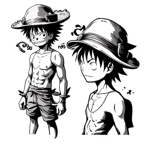  1. Dual Luffy (Past & Present)Design: Split tattoo showing young Luffy (childhood with Shanks’ hat) on one side and Ge tattoo design idea