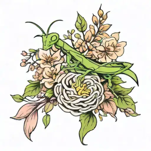 floral arm band with praying mantis walking through flowers wrap  tattoo design idea