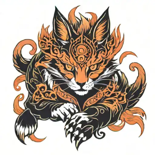 Mythical Cat with Kitsune Mask and Nine Tails Chakra Mode tattoo design idea