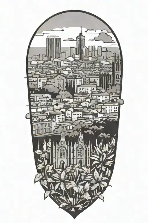 Barcelona skyline with a crown and Spanish plants  tattoo design idea