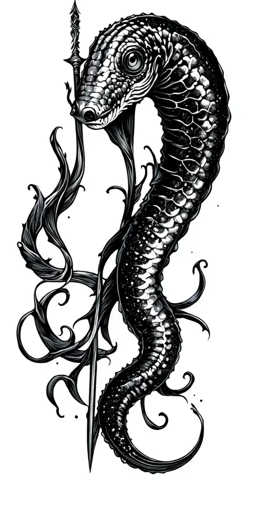 An eel pierced by a spear tattoo design idea