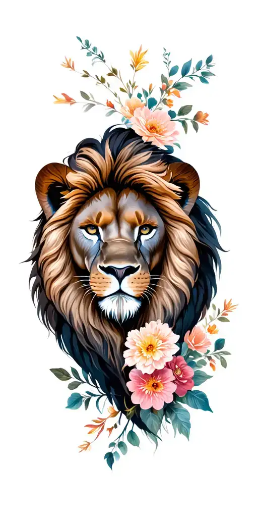 Leo lion with flowers tattoo design idea