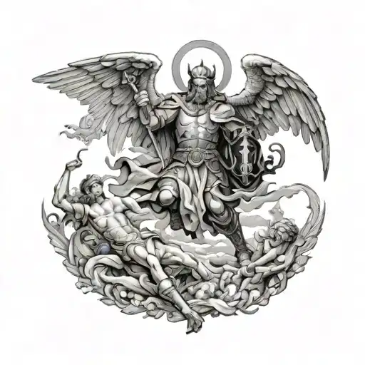 st miachel defeating devil over a battlefield scene with angels fighting demos  tattoo design idea