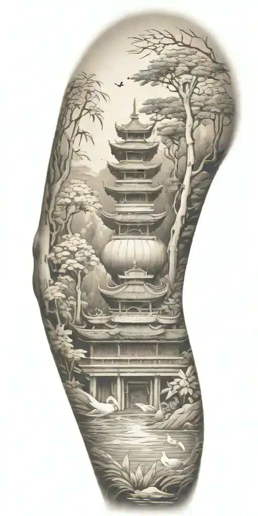 traditional scenario of nature inspired by Buddhist symbols. include bamboo, lotus, koi fish representing a spiritual  tattoo design idea