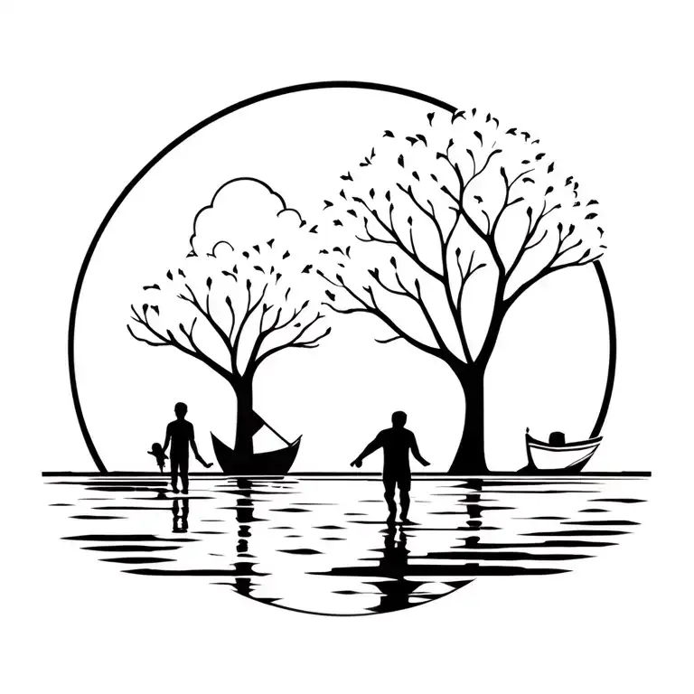 Family Tree sky water boat, man, wamam and boy walking, faith in God tattoo design idea
