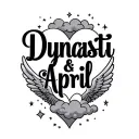 "Dynasti & April" "Dynasti & April" name in shape of heart with wings and clouds and stars tattoo design idea