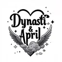 "Dynasti & April" "Dynasti & April" name in shape of heart with wings and clouds and stars tattoo design idea